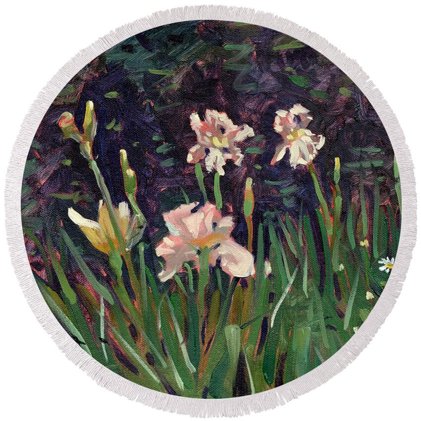 Plein Air Round Beach Towel featuring the painting White Irises by Donald Maier