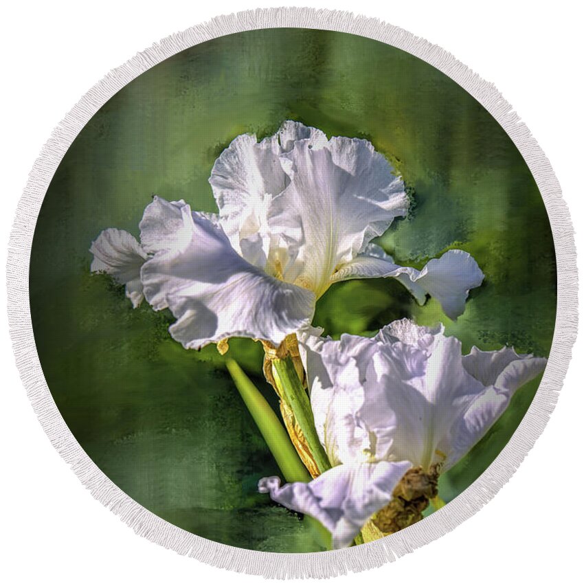 White Round Beach Towel featuring the photograph White iris on abstract background #g4 by Leif Sohlman
