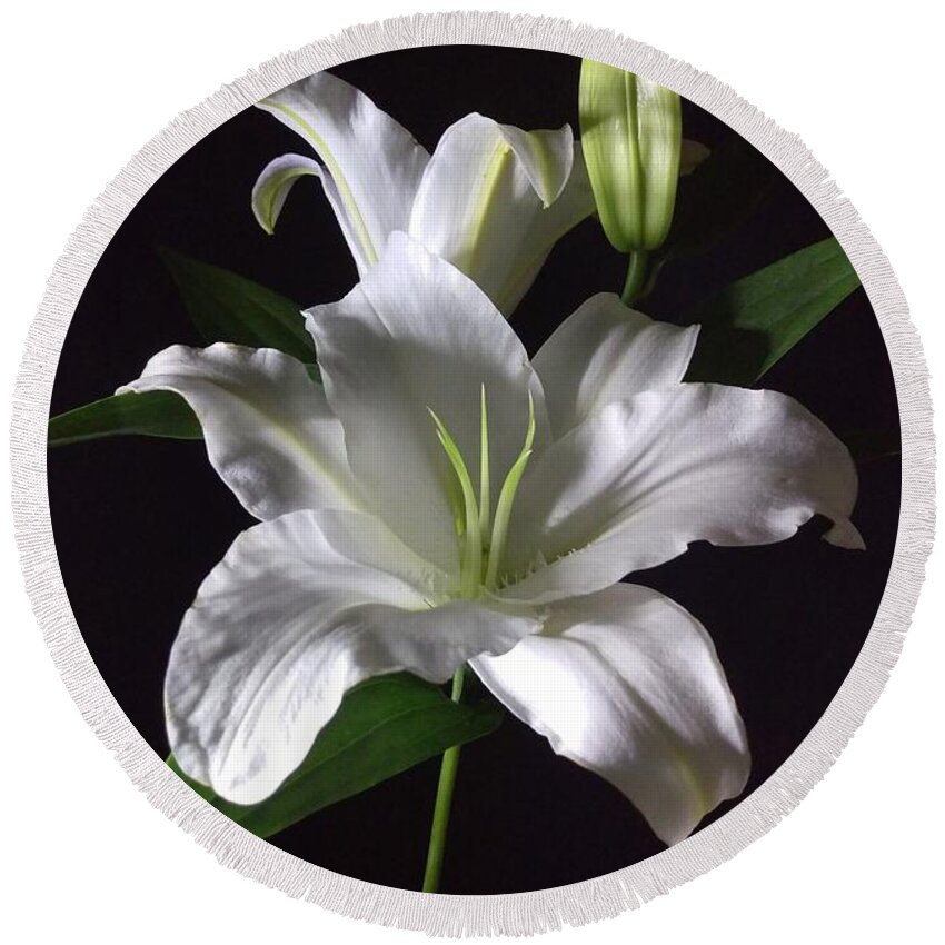 Photography Round Beach Towel featuring the photograph White Lily by Delynn Addams