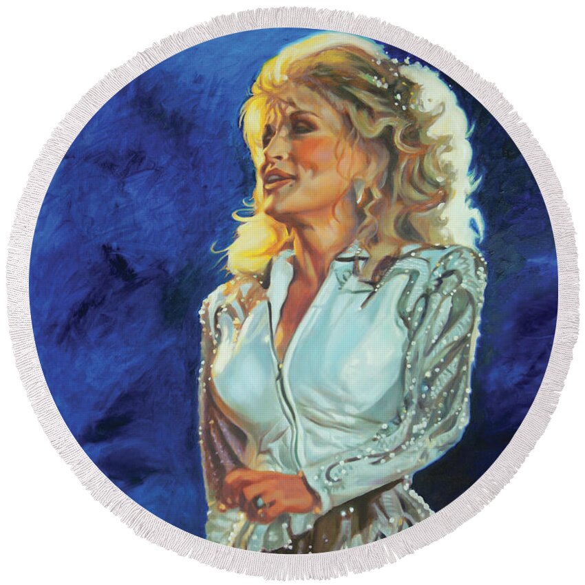 Dolly Parton Round Beach Towel featuring the painting White Limozeen - Dolly Parton by Maria Modopoulos