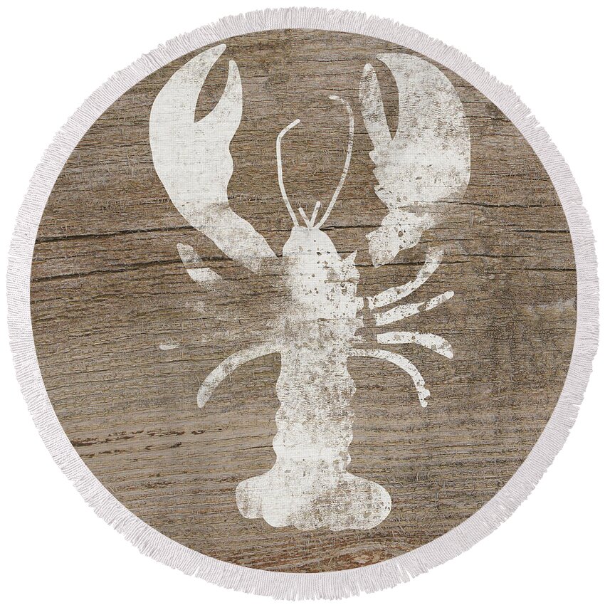 Cape Cod Round Beach Towel featuring the mixed media White Lobster On Wood- Art by Linda Woods by Linda Woods