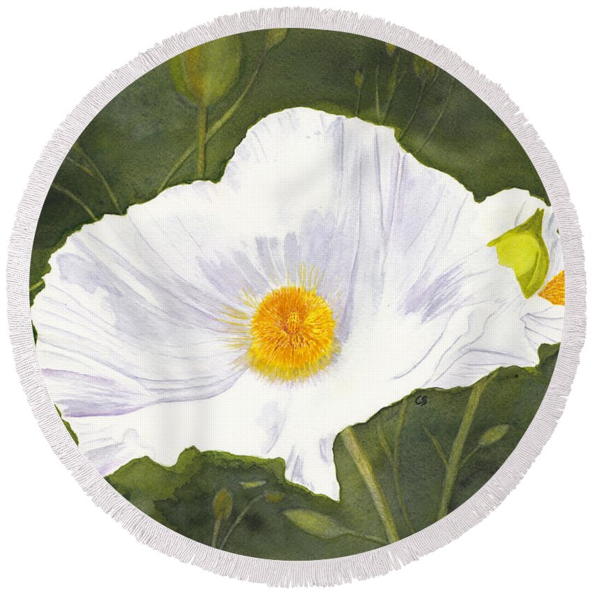 Poppy Round Beach Towel featuring the painting White Matilija Poppy by Conni Schaftenaar
