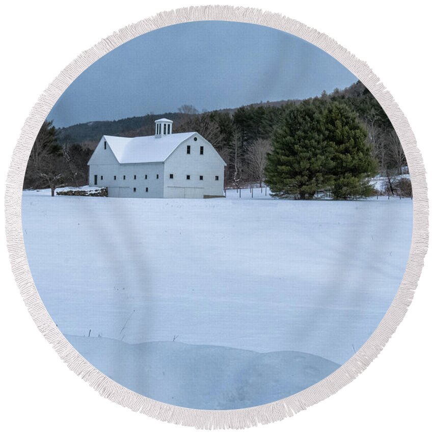 Brookline Vermont Round Beach Towel featuring the photograph White On White by Tom Singleton