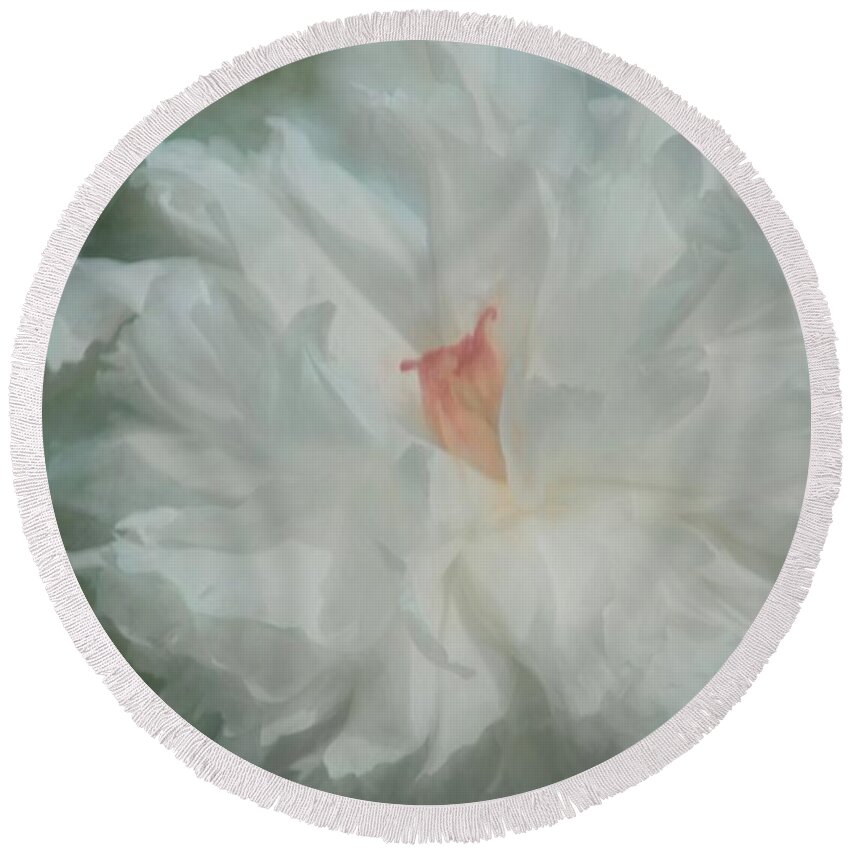 Peony Round Beach Towel featuring the photograph White Peony by Benanne Stiens