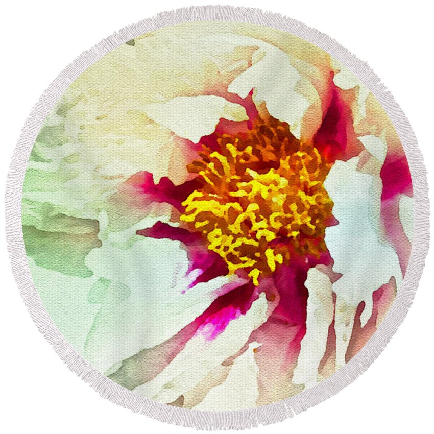 Close Up Photograph Of White Round Beach Towel featuring the painting White Peony by Joan Reese