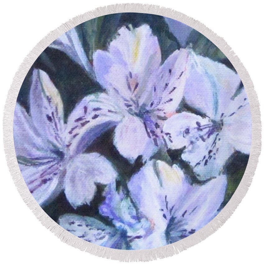 Acrylic Round Beach Towel featuring the painting White Peruvian Lily by Paula Pagliughi