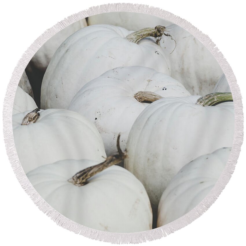 Holidays Round Beach Towel featuring the photograph White Pumpkins by Andrea Anderegg
