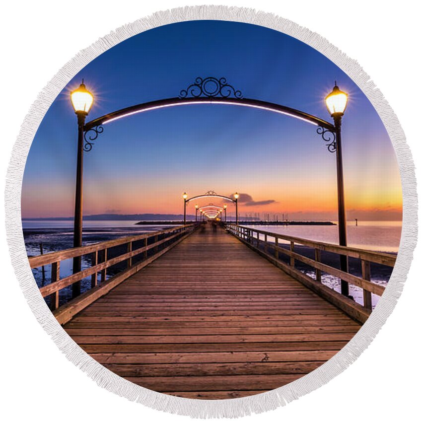White Rock Round Beach Towel featuring the photograph White Rock Pier at Dusk by Pierre Leclerc Photography