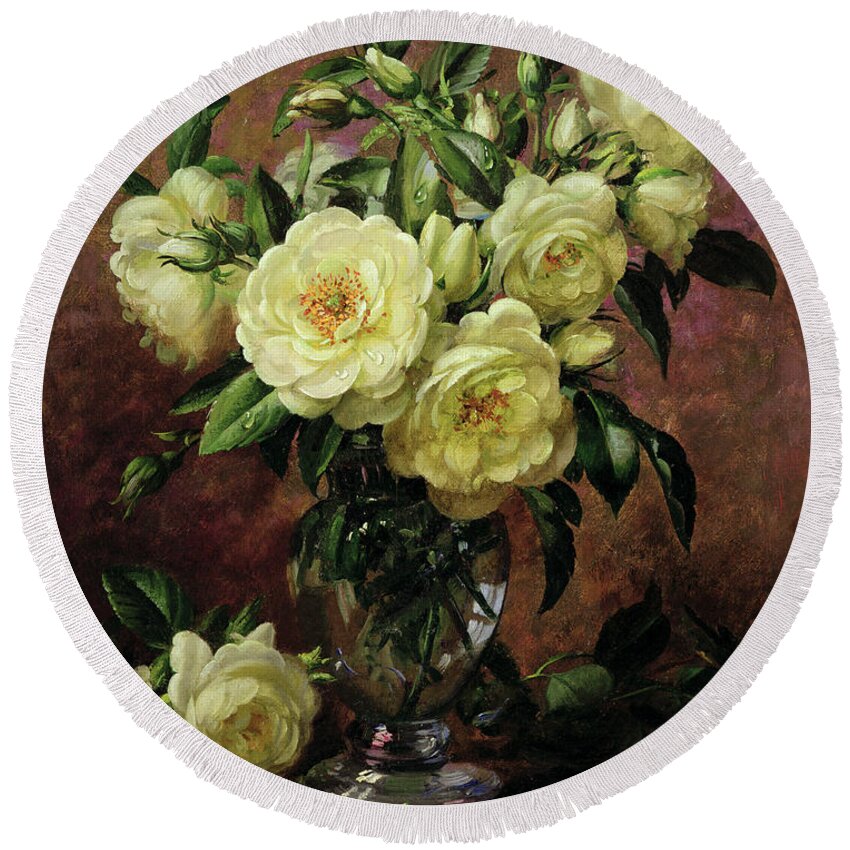 Rose; Still Life; Flower; Arrangement; Vase; Floral; Sentimental; Symbolic; Roses; White Roses; White Roses On The Floor; White Petals On The Floor Round Beach Towel featuring the painting White Roses - A Gift from the Heart by Albert Williams