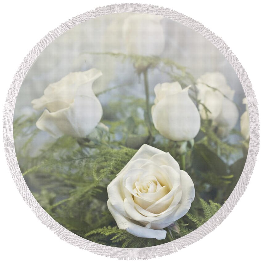  Round Beach Towel featuring the photograph White roses by Cindy Garber Iverson