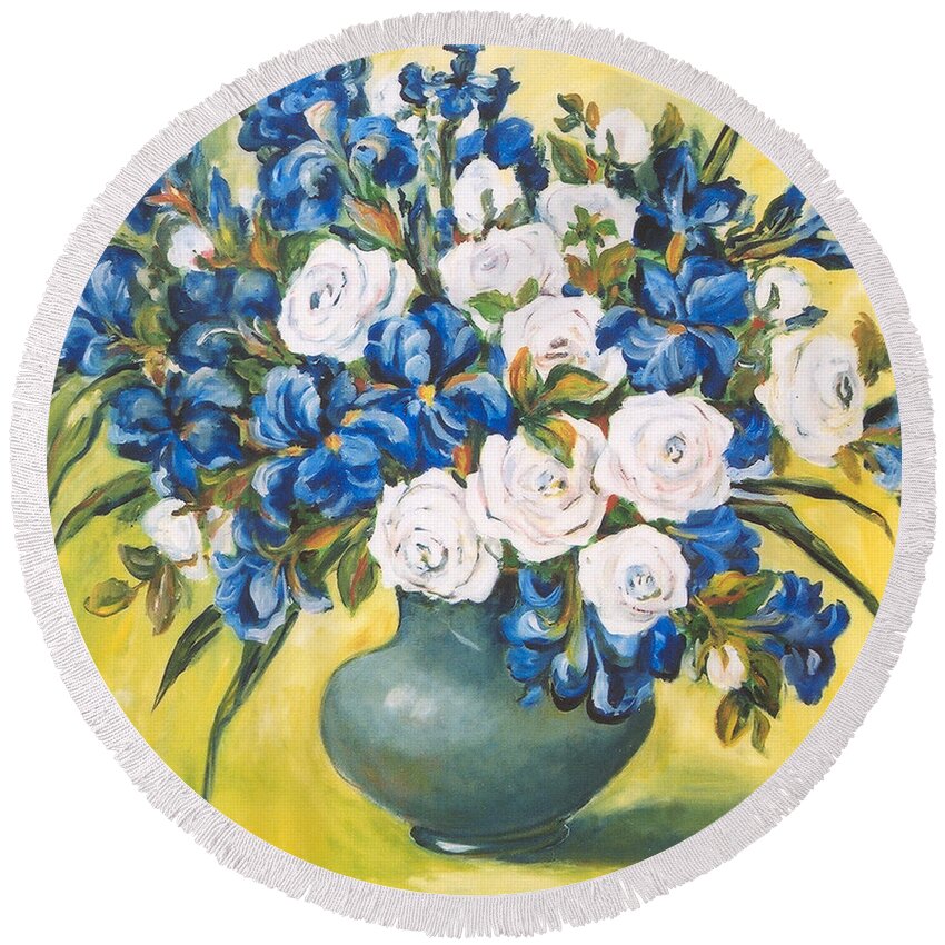 Ingrid Dohm Round Beach Towel featuring the painting White Roses by Ingrid Dohm