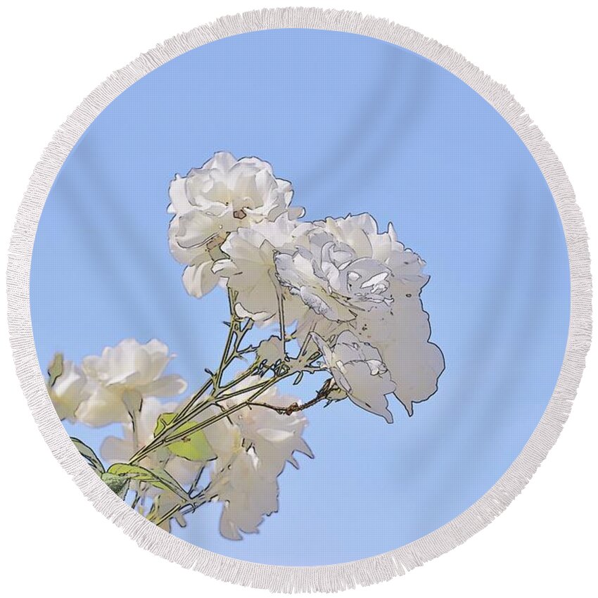 Linda Brody Round Beach Towel featuring the digital art White Roses Pastel Abstract by Linda Brody