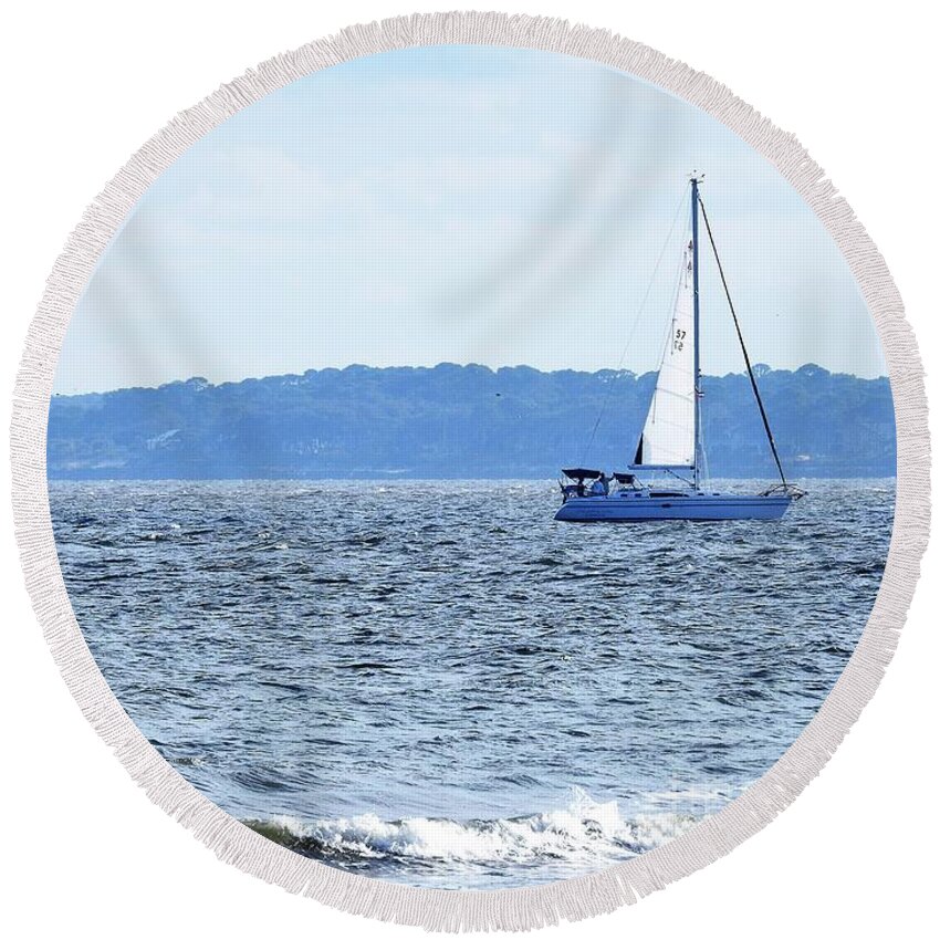 Sailboat Round Beach Towel featuring the photograph White Sails by Jan Gelders