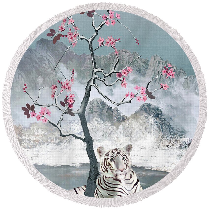 Tiger; Bengal; White Tiger; White; Winter; Snow; Mountains; Plum; Plum Tree; Blossoms; Plum Blossoms; Landscape; Asian; Chinese; China; Spadecaller; Digital; Digital Painting Round Beach Towel featuring the digital art White Tiger And Plum Tree by M Spadecaller