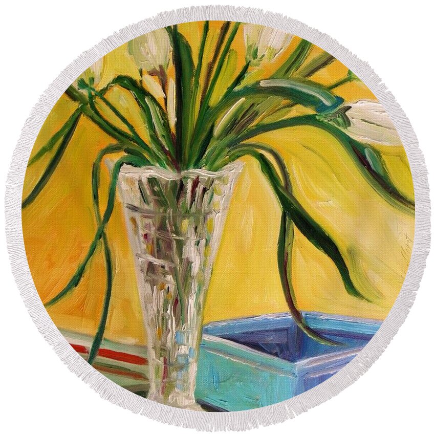Tulips Round Beach Towel featuring the painting White Tulips in Cut Glass by John Williams