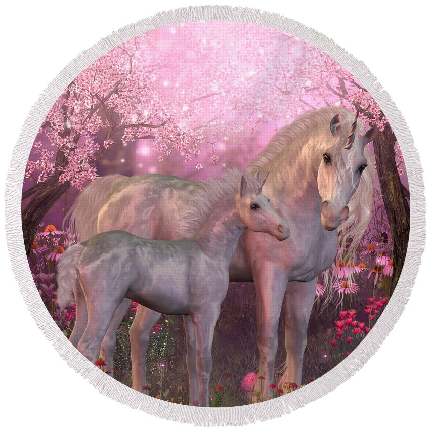 Unicorn Round Beach Towel featuring the painting White Unicorn Mare and Foal by Corey Ford