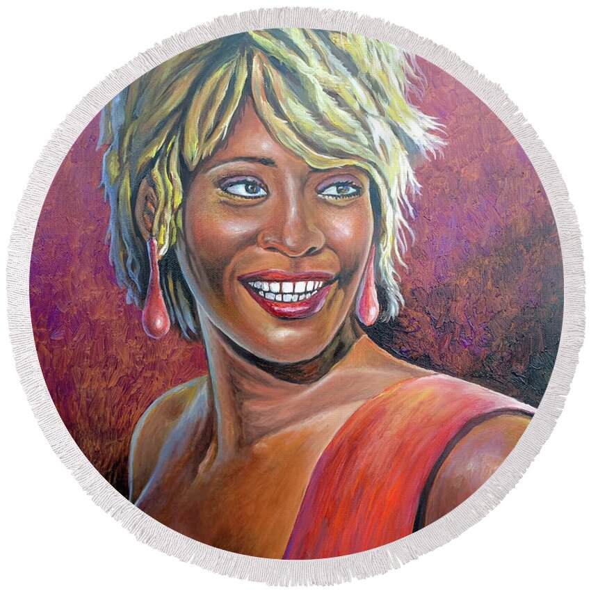 Makeba Round Beach Towel featuring the painting Whitney Houston by Anthony Mwangi
