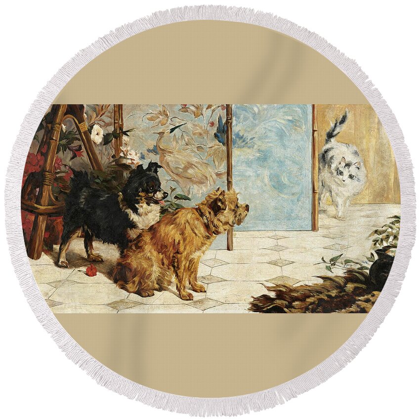 Charles Van Den Eycken Round Beach Towel featuring the painting Who Goes There? by Charles van den Eycken