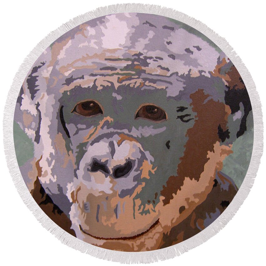 Chimpanzee Round Beach Towel featuring the painting Who Is Your Uncle? by Cheryl Bowman