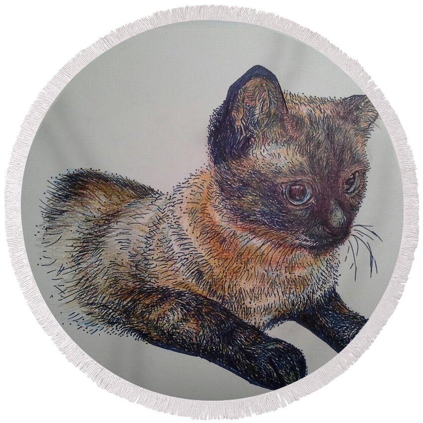Siames Cat Round Beach Towel featuring the painting Who Moved My FISH ? by Sukalya Chearanantana