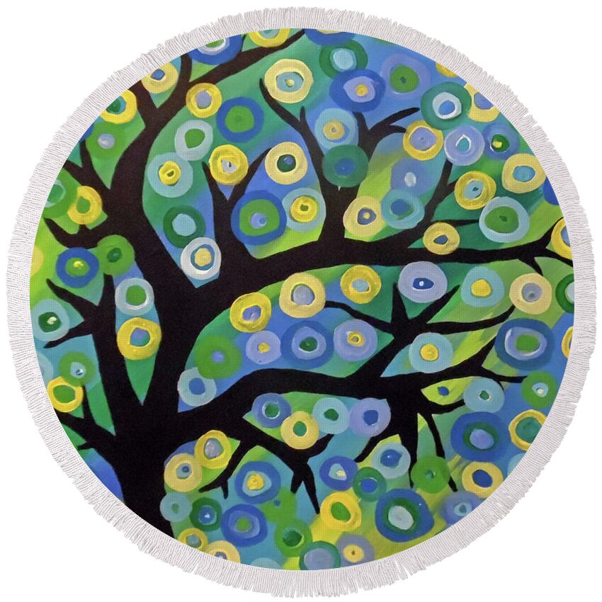 Fantasy Tree Round Beach Towel featuring the painting Who Needs Leaves by Jilian Cramb - AMothersFineArt