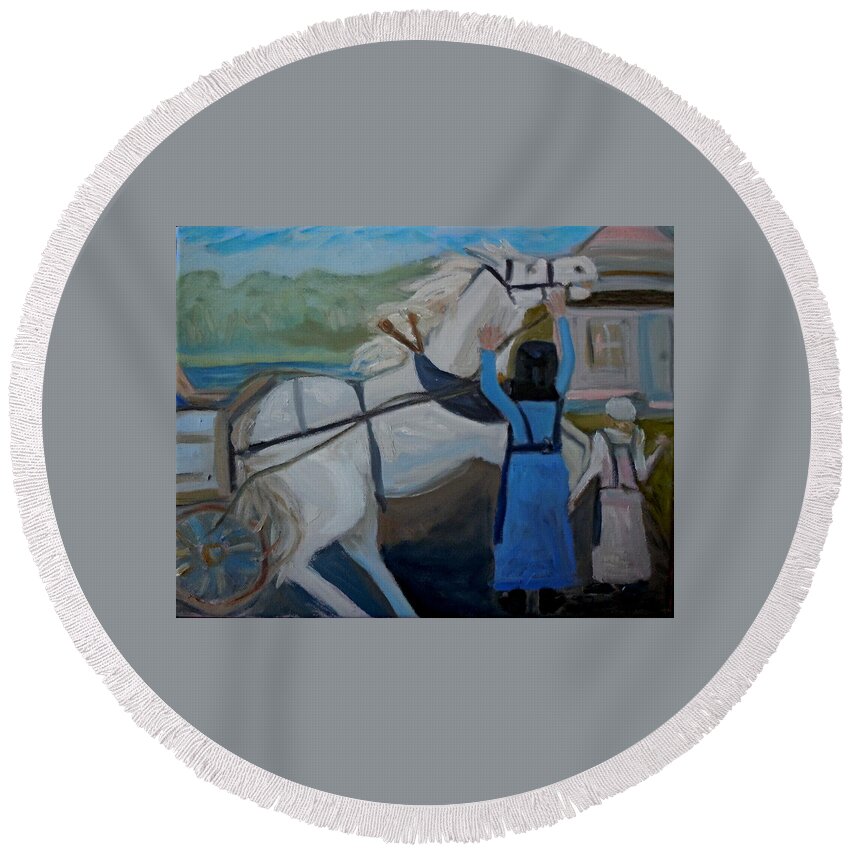 Amish Round Beach Towel featuring the painting Whoa There - Amish Women with Horse by Francine Frank
