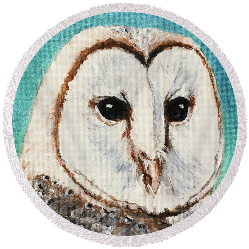 Owl Round Beach Towel featuring the painting Who's asking.... by Bonnie Peacher