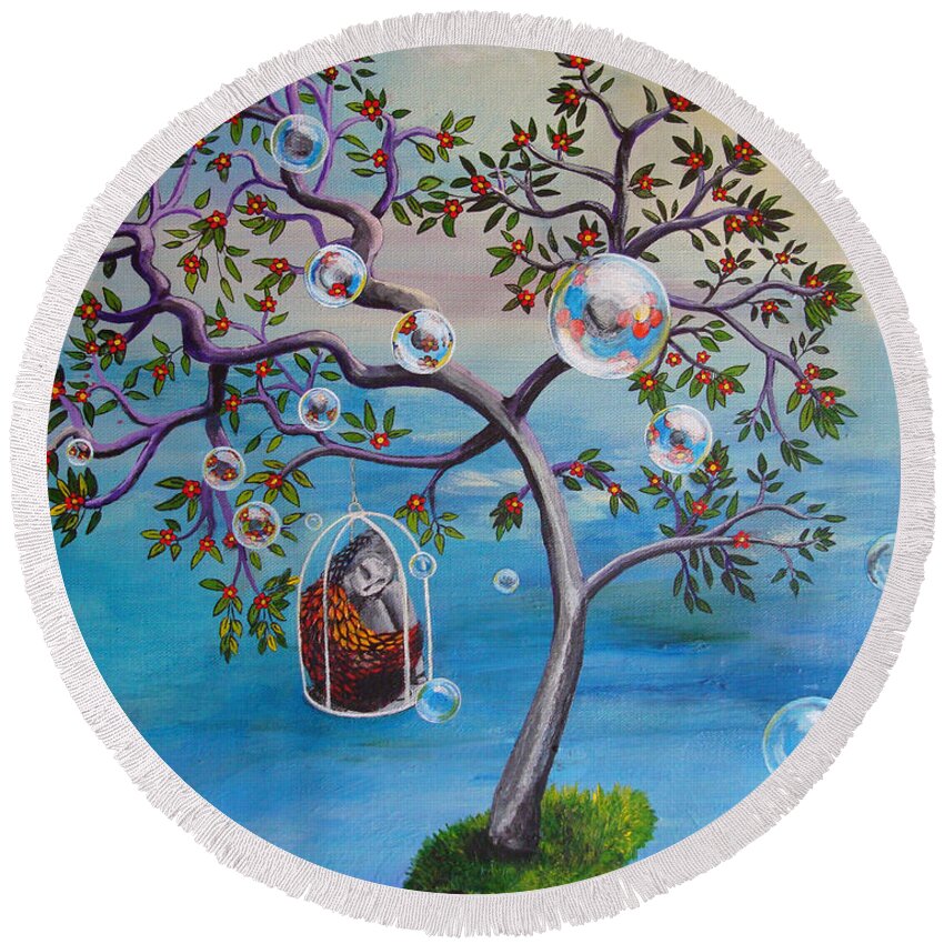 Surreal Round Beach Towel featuring the painting Why The Caged Bird Sings by Mindy Huntress