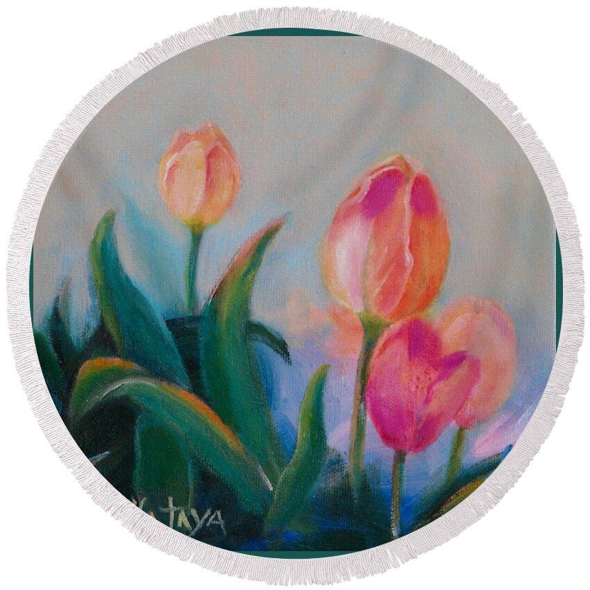 Tulips Round Beach Towel featuring the painting Wild About Tulips by Nataya Crow