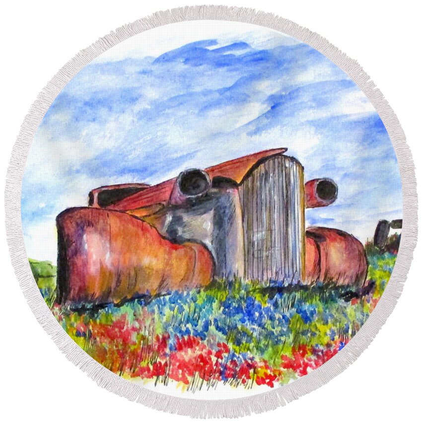 Painting Round Beach Towel featuring the painting Wild Flower Junk Car by Clyde J Kell
