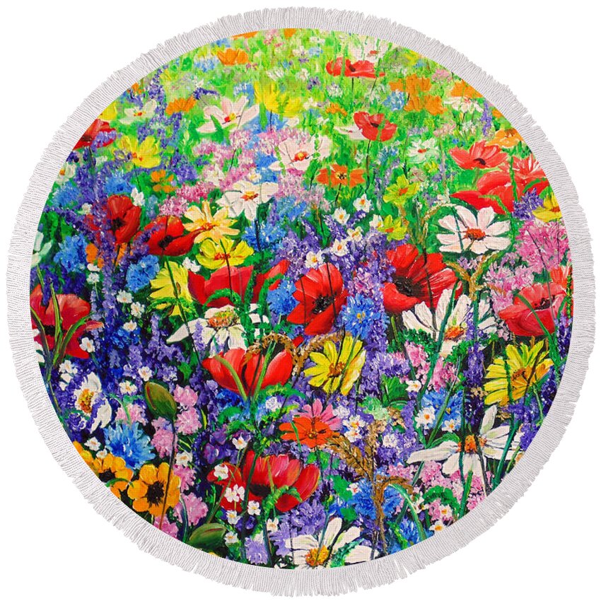 Wild Flowers Round Beach Towel featuring the painting Wild Flower Meadow by Karin Dawn Kelshall- Best