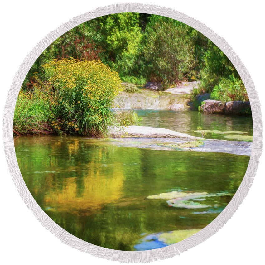 Oklahoma Round Beach Towel featuring the photograph Wild Flowers on Blue River by Tamyra Ayles