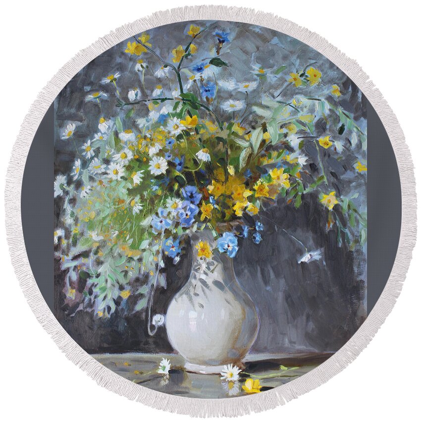 Flowers Round Beach Towel featuring the painting Wild Flowers by Ylli Haruni