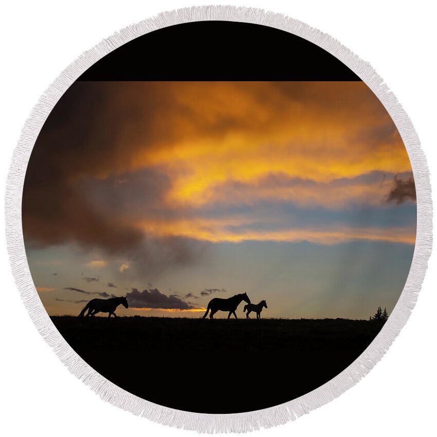 Mark Miller Photos Round Beach Towel featuring the photograph Big Skies and Wild Horses by Mark Miller