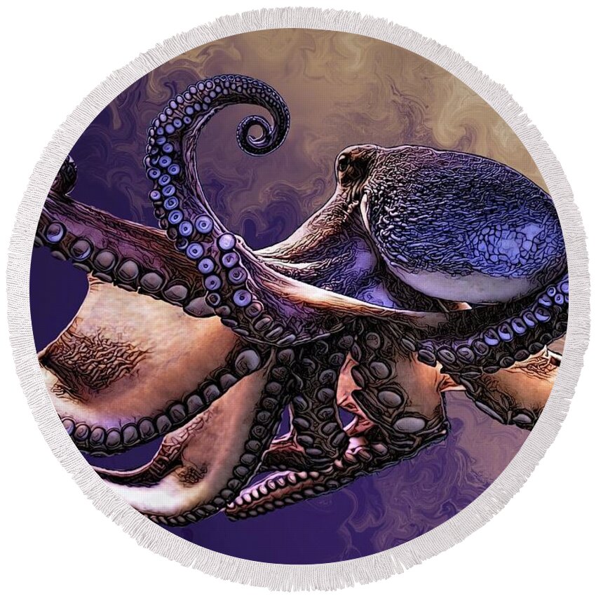 Digital Art Round Beach Towel featuring the digital art Wild Octopus by Artful Oasis