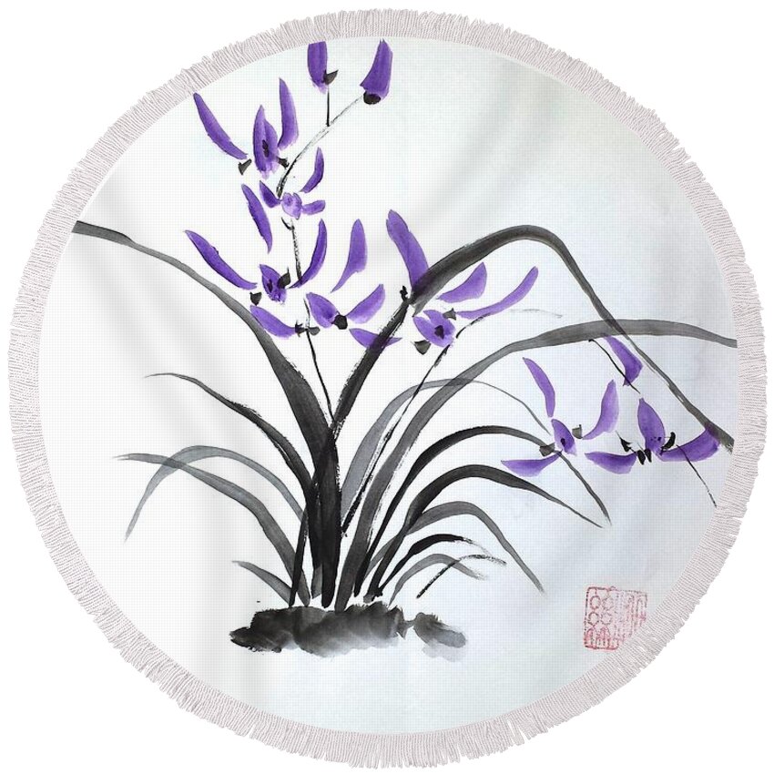 Purple Round Beach Towel featuring the painting Wild Orchids by Margaret Welsh Willowsilk