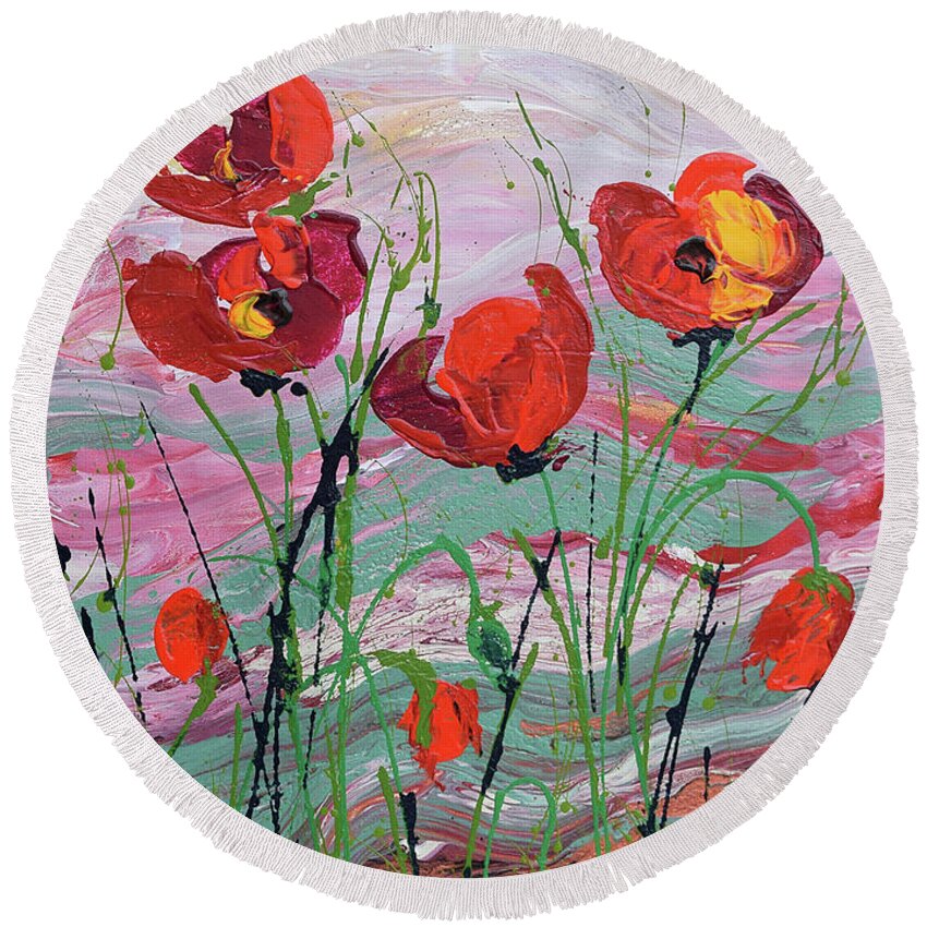 Wild Poppies - Triptych Round Beach Towel featuring the painting Wild Poppies - 1 by Jyotika Shroff
