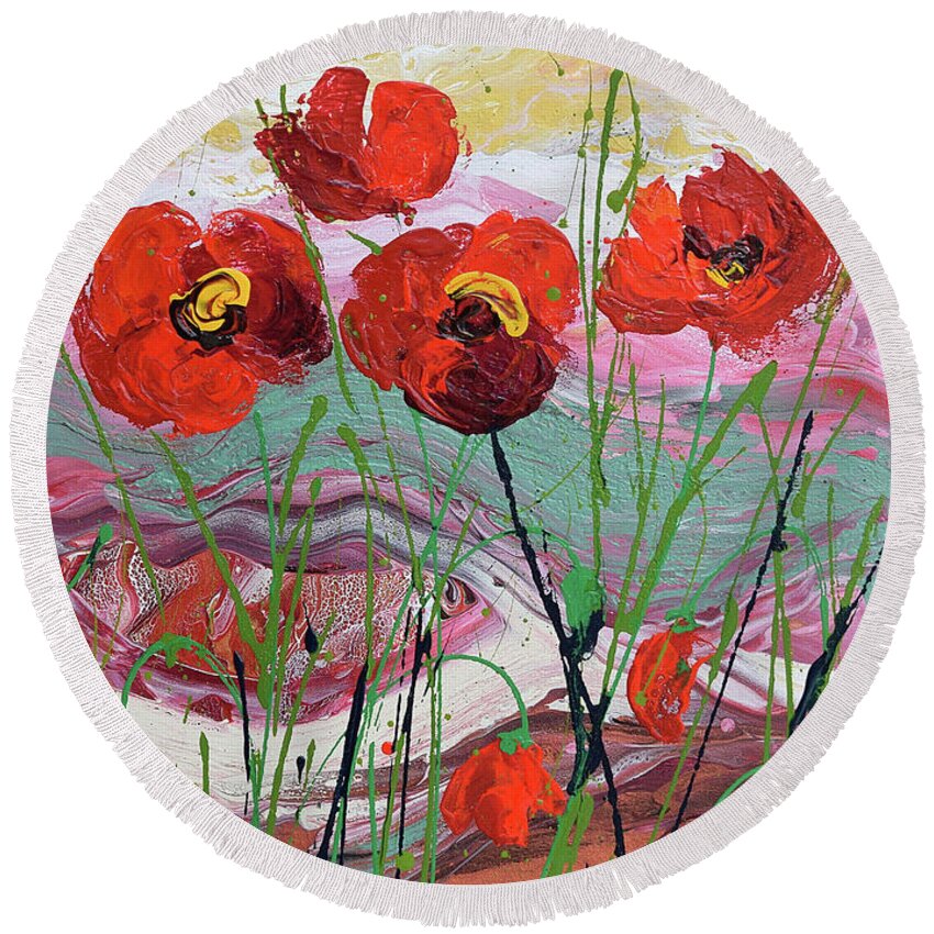 Wild Poppies - Triptych Round Beach Towel featuring the painting Wild Poppies - 3 by Jyotika Shroff