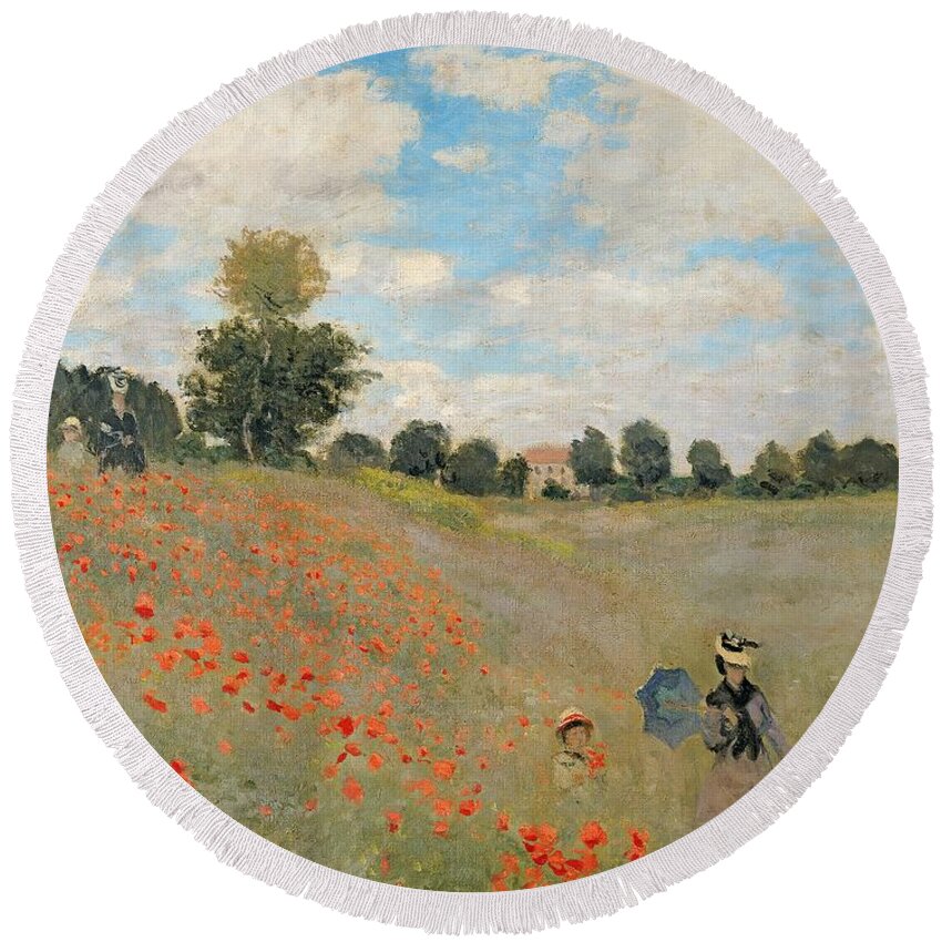 Claude Monetwild Round Beach Towel featuring the painting Wild Poppies near Argenteuil by Claude Monet