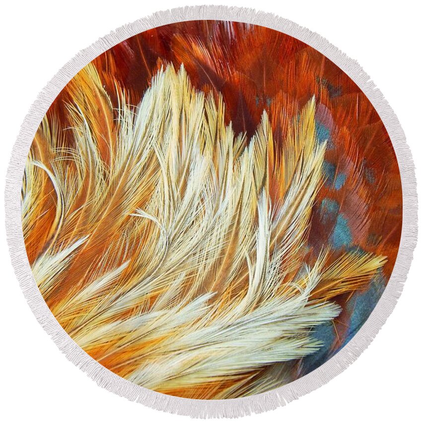 Roosters Round Beach Towel featuring the photograph Wild Rooster Feather Abstract by Jan Gelders