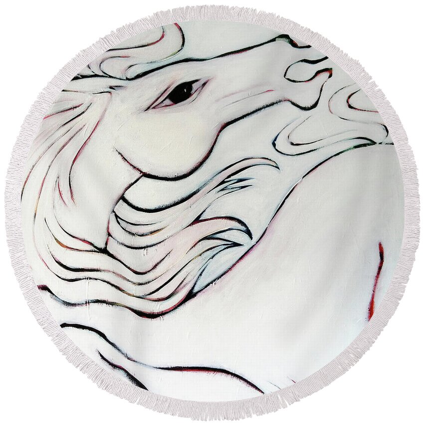 Horse Round Beach Towel featuring the painting Wild White by Angela Treat Lyon