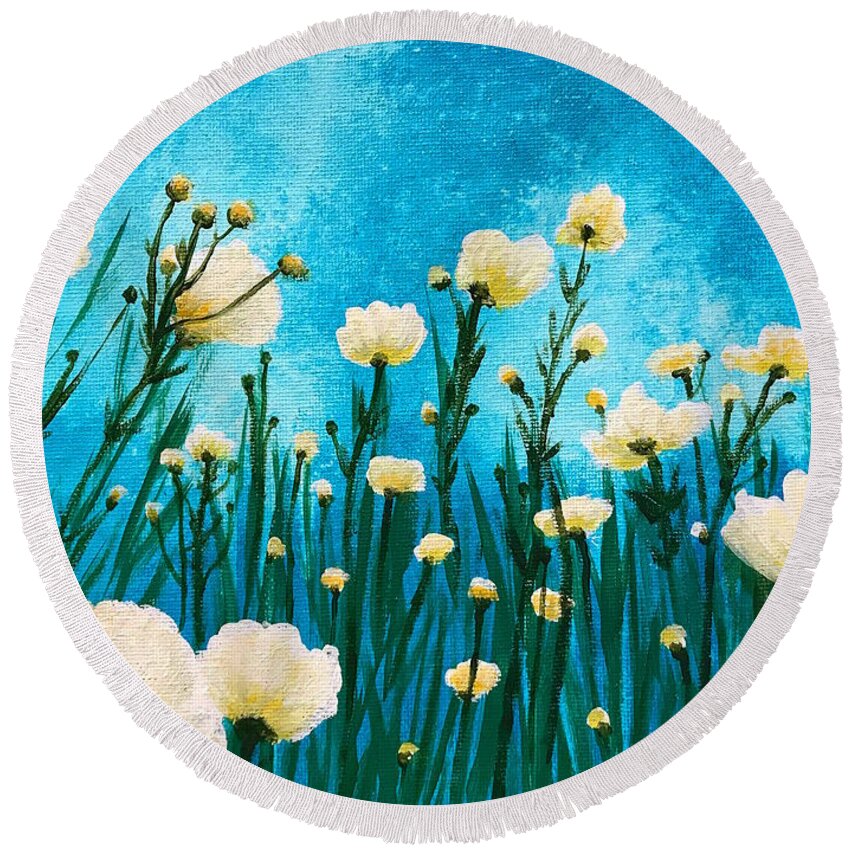 Romney Coulter Round Beach Towel featuring the painting Poppies in the blue sky by Wonju Hulse