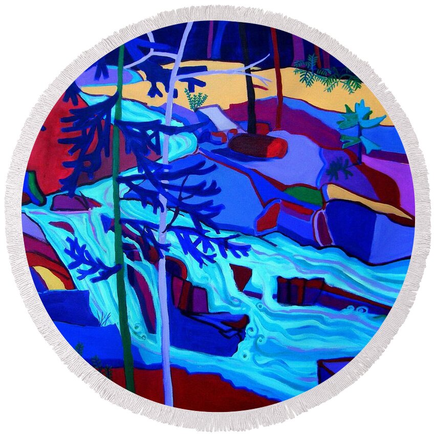 Landscape Round Beach Towel featuring the painting Wildcat River Waterfall Jackson NH by Debra Bretton Robinson