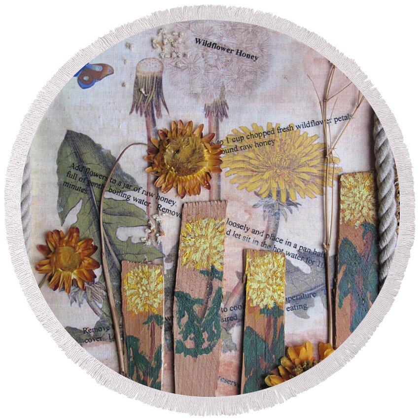 Collage Round Beach Towel featuring the mixed media Wildflower Honey by Sandy McIntire