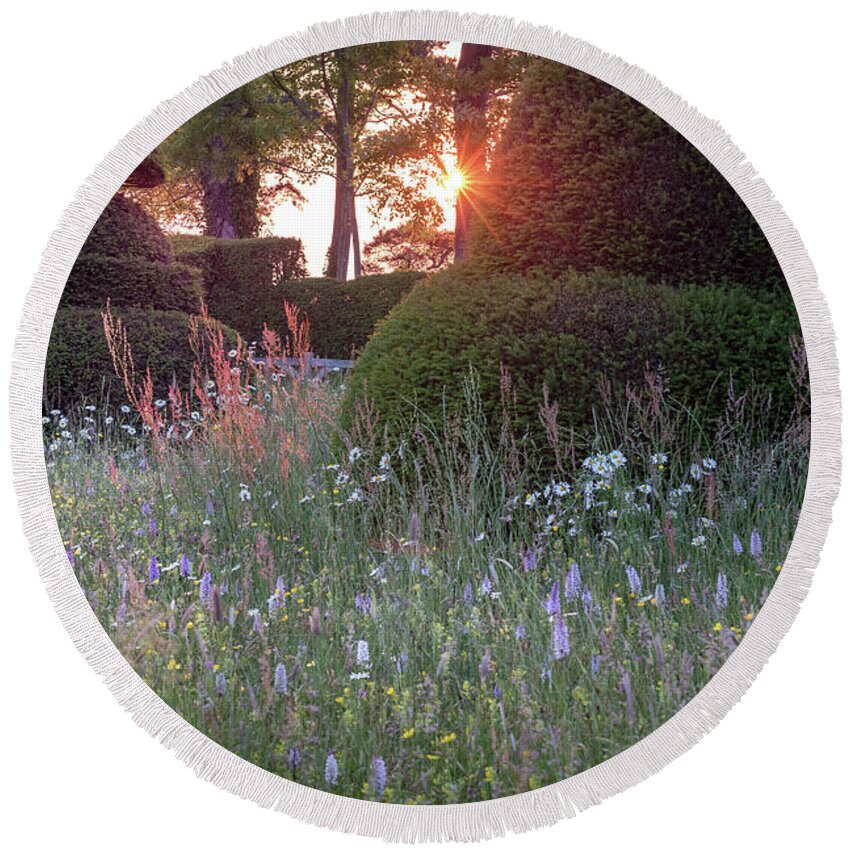 Sunset Round Beach Towel featuring the photograph Wildflower Meadow at Sunset, Great Dixter by Perry Rodriguez