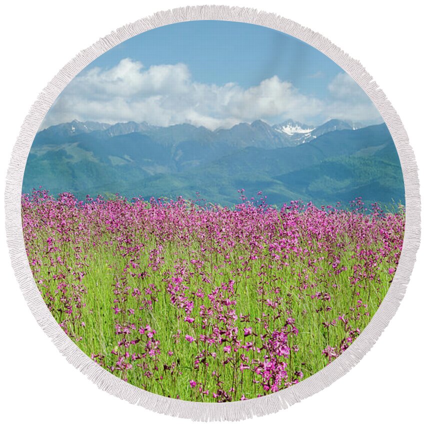Farm Round Beach Towel featuring the photograph Wildflower Meadows and the Carpathian Mountains, Romania by Perry Rodriguez