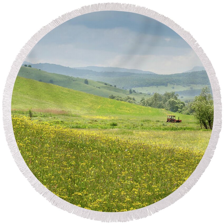 Farm Round Beach Towel featuring the photograph Wildflower Meadows, Transylvania by Perry Rodriguez