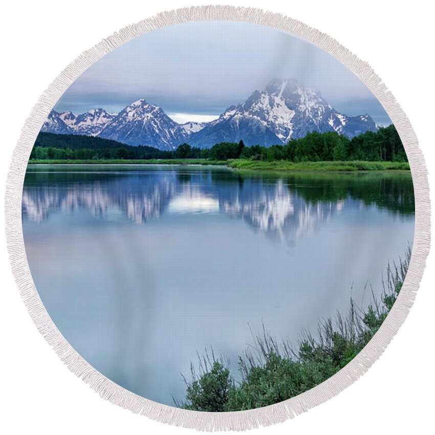 Mt Moran Round Beach Towel featuring the photograph Wildflowers and Mt Moran by Ronda Kimbrow