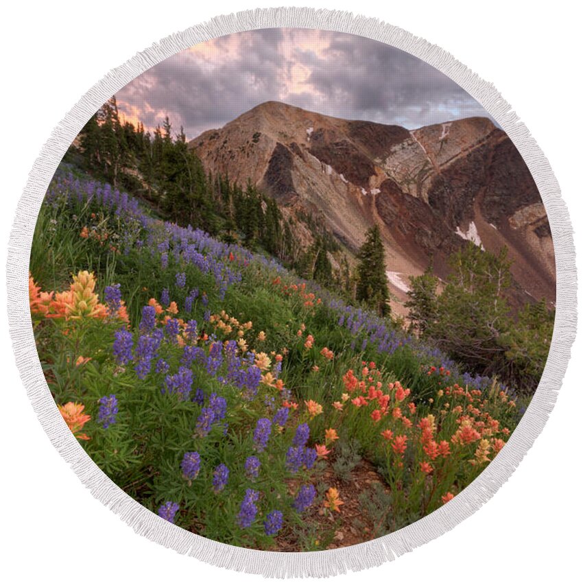 Landscape Round Beach Towel featuring the photograph Wildflowers with Twin Peaks at Sunset by Brett Pelletier
