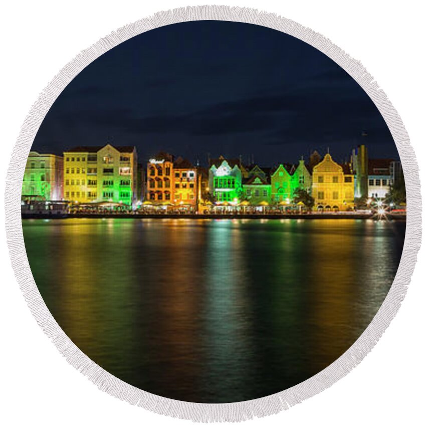 3scape Round Beach Towel featuring the photograph Willemstad and Queen Emma Bridge at Night by Adam Romanowicz